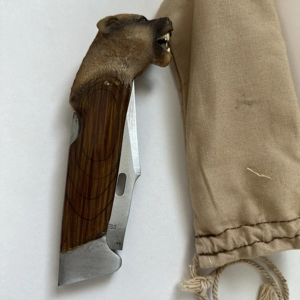 Brown Wood Mountain Lion Folding Pocketknife, Stainless Point Blade W/bag